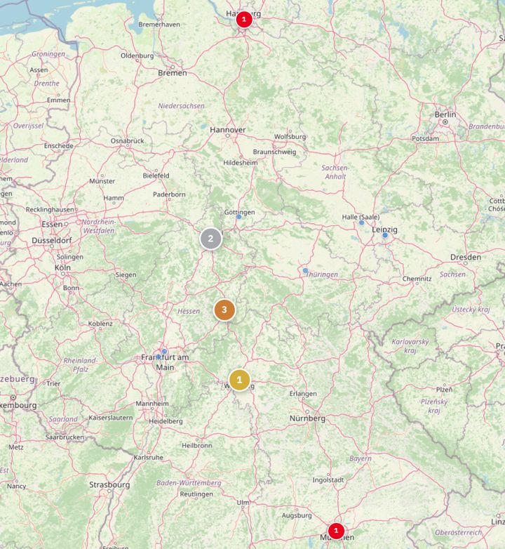 Karte: Die geografische Mitte zwischen Hamburg und München liegt in Thüringen, doch per Bahn sind Würzburg und Nürnberg schneller erreichbar